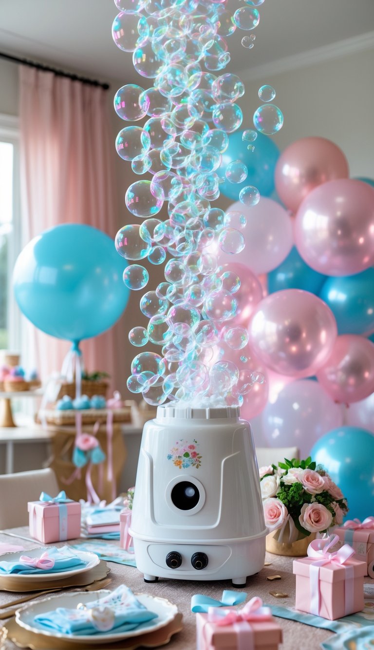 A bubble machine blowing bubbles in a decorated room with pastel balloons, flowers, and baby shower decorations.